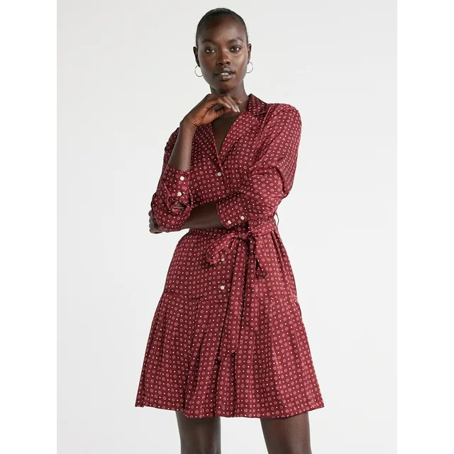 Free Assembly Women's Pleated Mini Shirtdress with Long Sleeves, Sizes XS-XXXL | Walmart (US)