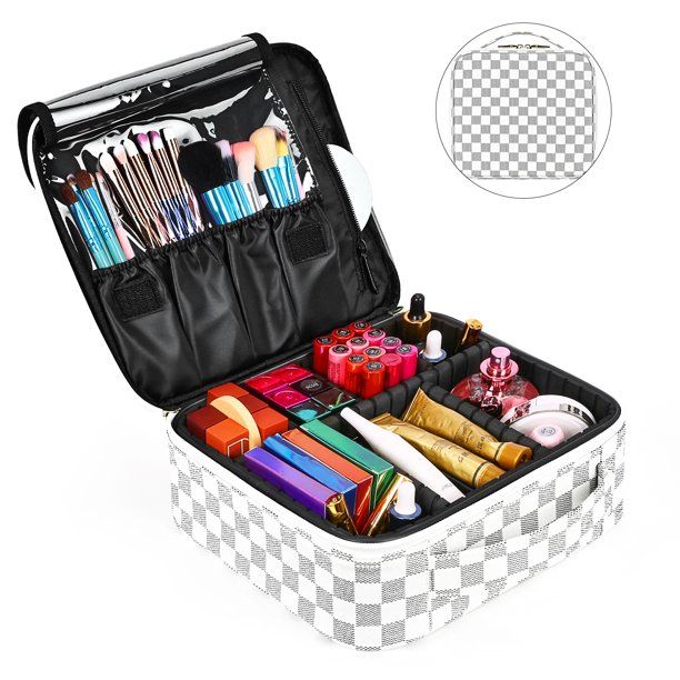 WJKB Makeup Bag for Women Checkered Travel Case Leather Cosmetic Organizer Tools Toiletry Jewelry... | Walmart (US)