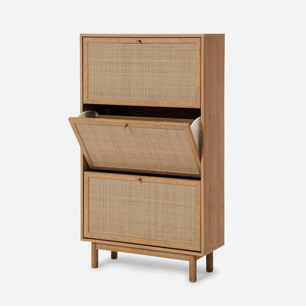 mopio Hannah Shoe Cabinet, Natural Rattan Farmhouse Shoe Storage Organizer, 3 Door Closet Rack fo... | Amazon (US)