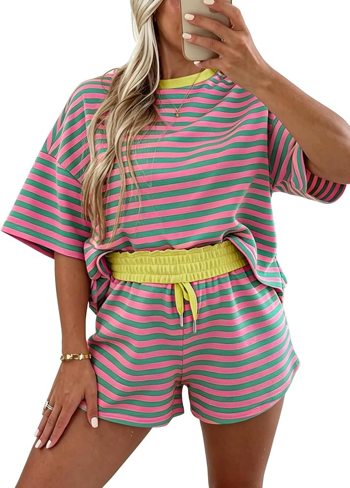 miduo Womens Two Pieces Sets Striped Crewneck Short Sleeve Tee Tops High Waist Drawstring Short S... | Amazon (US)