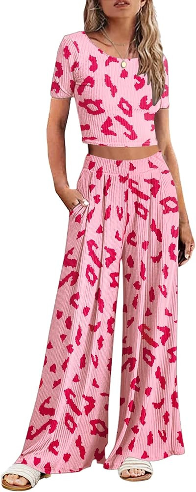 Ekouaer Women's 2 Piece Lounge Sets Ribbed Knit Crop Top Wide Leg Pants with Pockets S-XXL | Amazon (US)