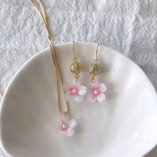 Cherry Blossoms Necklace,Flower Earrings,Sakura Jewelry Set,Summer Earrings,Handmade in Canada,Un... | Etsy (CAD)