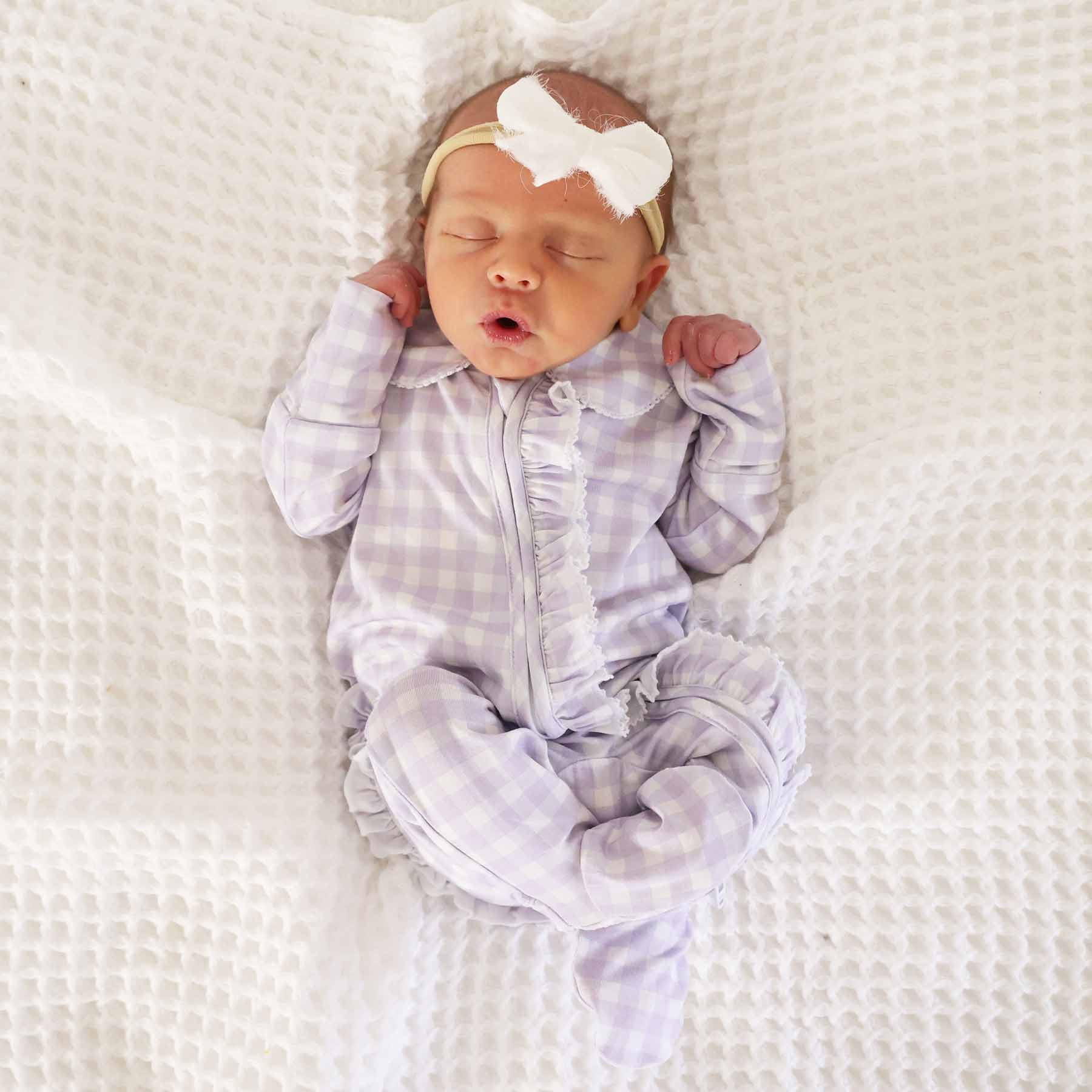 Peter Pan Collar Ruffle Zipper Footie | Lilac Gingham | Caden Lane