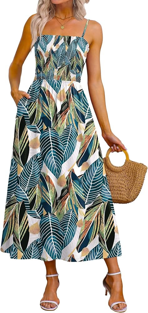 OFEEFAN Womens Spaghetti Strap Maxi Dresses Smocked with Pockets 2026 Summer Spring Casual Boho B... | Amazon (US)