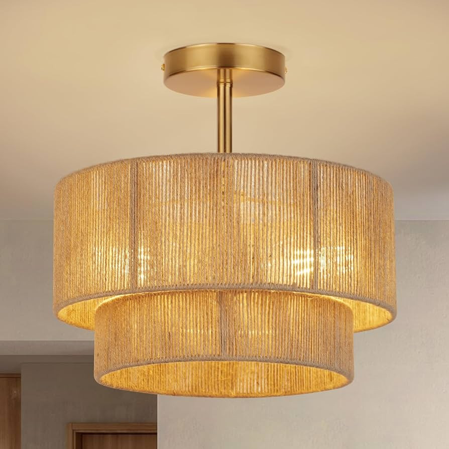 3-Light Boho Light Fixtures Ceiling Mount,12.6'' Rattan Semi Flush Mount Ceiling Light Fixture,Co... | Amazon (US)
