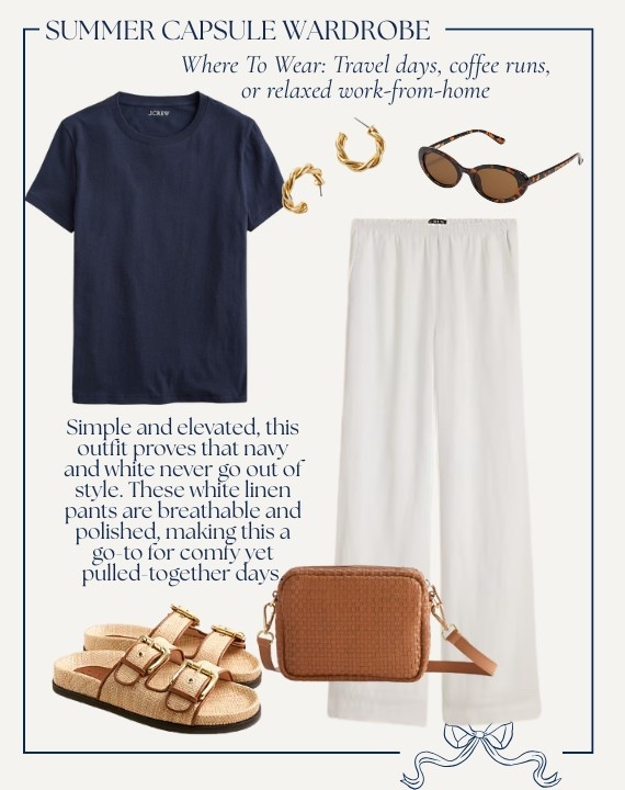SUMMER CAPSULE WARDROBE - outfit idea; NAVY TEE & WIDE-LEG PANTS 

Simple and elevated, this outfit proves that navy and white never go out of style. Wide-leg pants are breathable and polished, making this a go-to for comfy yet pulled-together days. 

Where To Wear: Travel days, coffee runs, or relaxed work-from-home outfit

#LTKSeasonal #LTKFindsUnder100 #LTKStyleTip