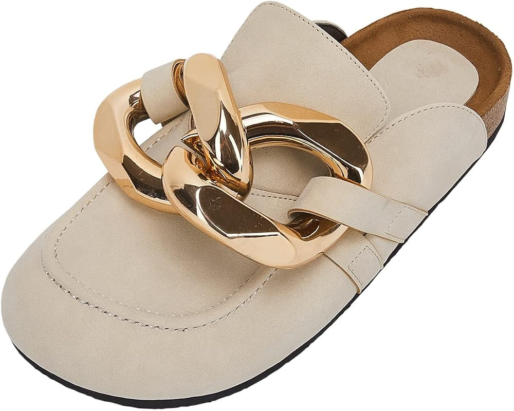 VETASTE Women's Chain Flat Mules Clogs Slip on Backless Loafers Round Toe Comfortable Slippers | Amazon (US)