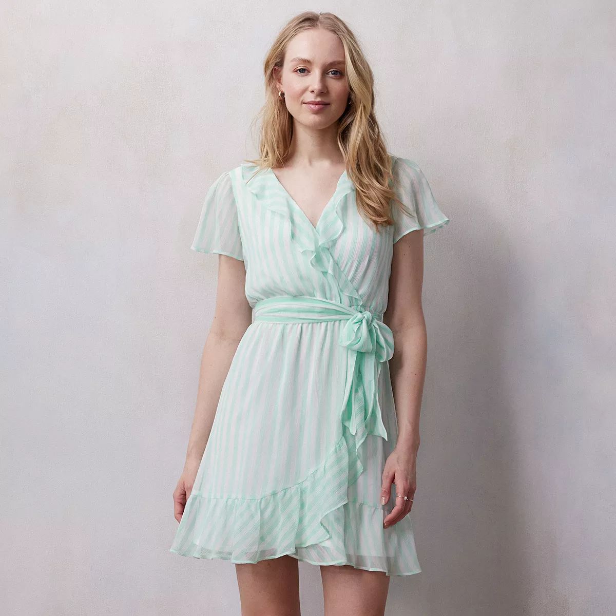 Women's LC Lauren Conrad Ruffle Neck Flutter Sleeve Wrap Dress | Kohl's