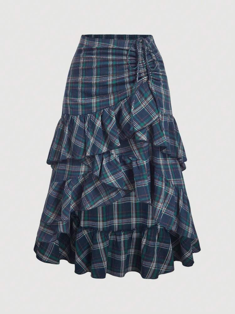 SHEIN MOD Plus Size Women Romantic Multi-Layered Ruffle Plaid Pleated Asymmetric Hem Skirt | SHEIN