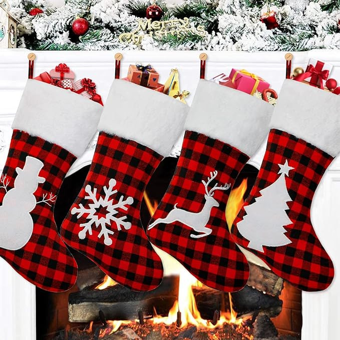 Dremisland 4 Pack Christmas Stockings 18 Inch Large Red Black Buffalo Plaid Christmas Stockings w... | Amazon (US)