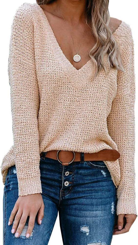 Tutorutor Women's Sexy V Neck Long Batwing Sleeve Off The Shoulder Sweater Tops Loose Knit Blouse Sh | Amazon (US)