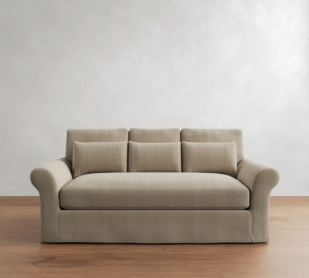PB Comfort Modern Roll Arm Slipcovered Deep Seat Sofa 82" 3X1, Down Blend Wrapped Cushions, Sunbrella(R) Performance Herringbone Light Gray | Pottery Barn (US)