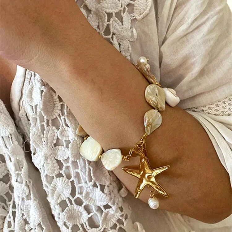 1pc Stainless Steel Gold Starfish & Shell Beaded Bracelet Women's Fashion Accessory | SHEIN