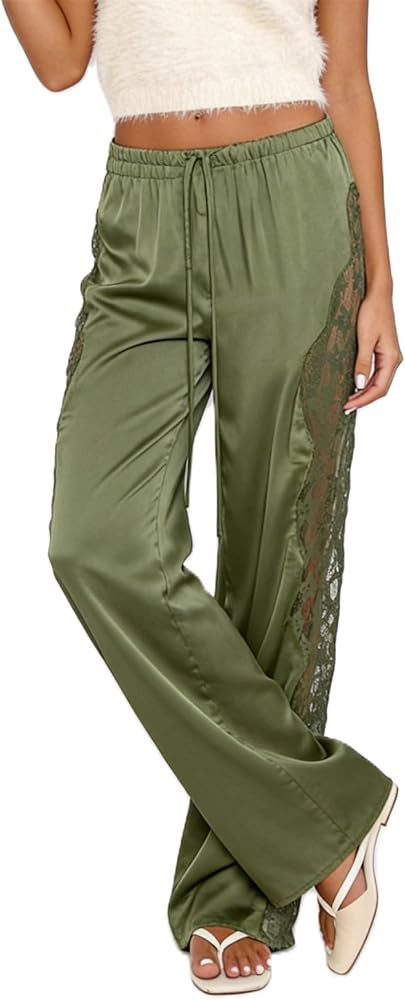 Women Satin Silk Wide Leg Pants Sheer Lace Side Panels Drawstring Pj Lounge Bottoms Trendy Casual... | Amazon (US)