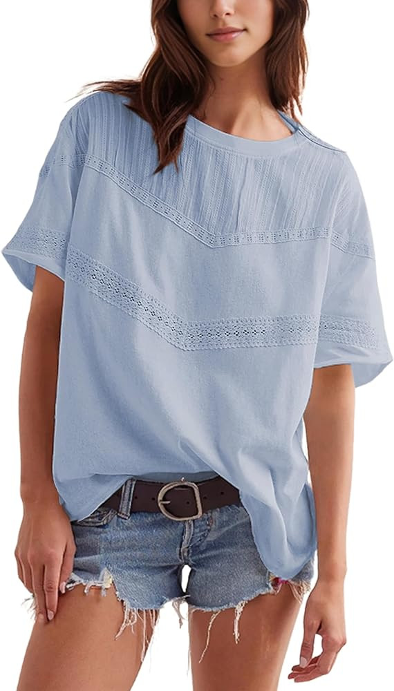 Yidarer Women Summer Oversized Lace Cotton Tops Crew Neck Short Sleeve Cute Shirts Casual Boho Cr... | Amazon (US)
