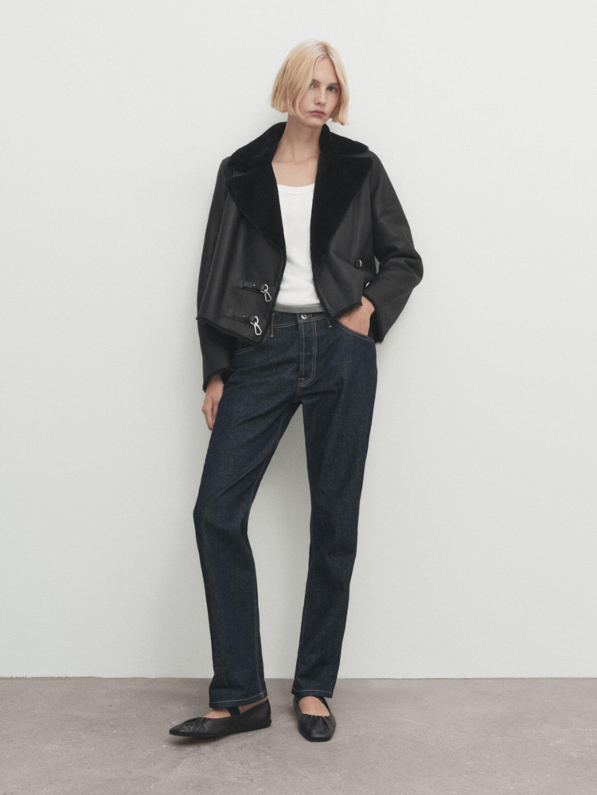 Leather mouton jacket with furskin detail | Massimo Dutti UK