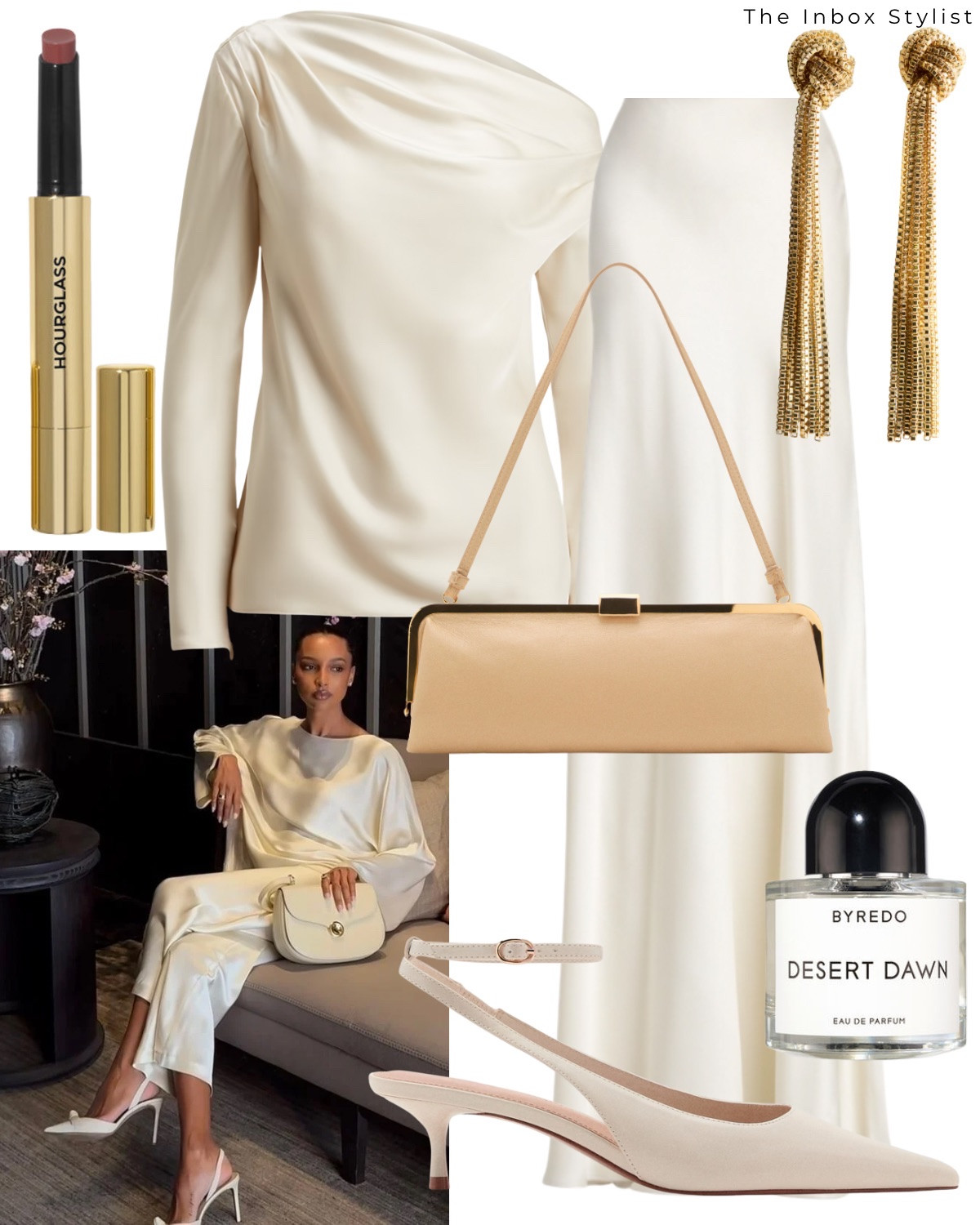 An elegant two piece silk set for a ladylike party look. 

Including white silk top, white silk skirt, gold chain earrings, gold handbag, cream slingback heels, perfume, lipstick  

#LTKpartywear #LTKstyletip #LTKfestive