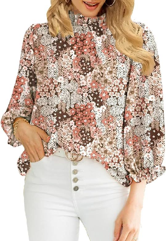 Newchoice Women's Boho Tops Fall Floral Mock Neck Ruffle 3/4 Sleeve Dressy Casual Blouses Shirts | Amazon (US)