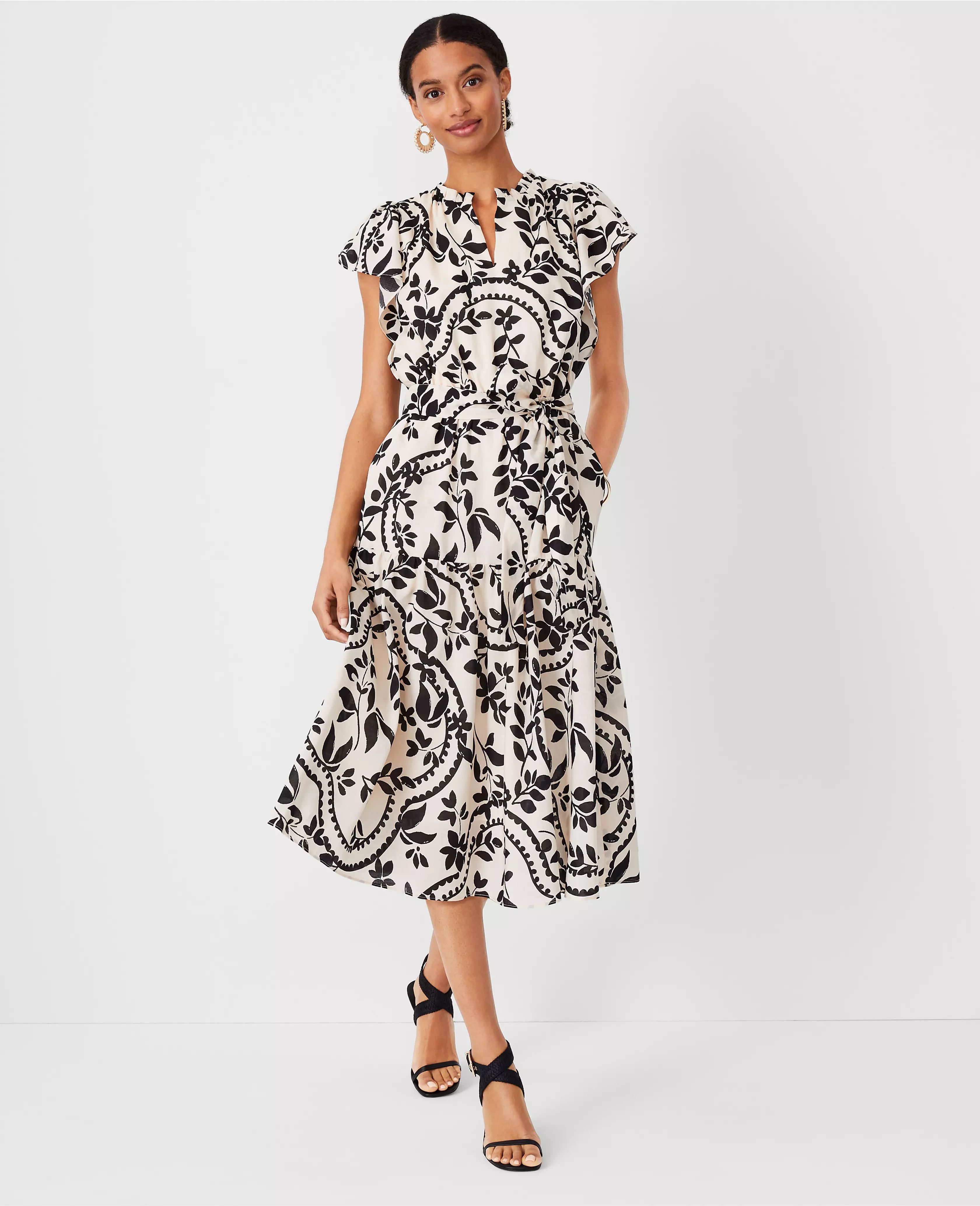 Tropical Flutter Sleeve Midi Flare Dress | Ann Taylor (US)