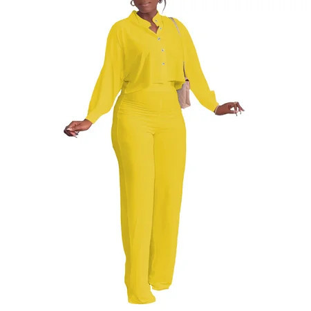 HBQ Women's Summer 2 Piece Outfits Casual Tracksuit Short Sleeve Button Down Crop Top Wide Leg Long Pant Lounge Sets | Walmart (US)
