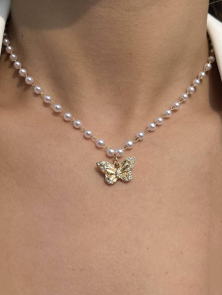 Faux Pearl Decor Rhinestone Butterfly Charm Necklace | SHEIN
