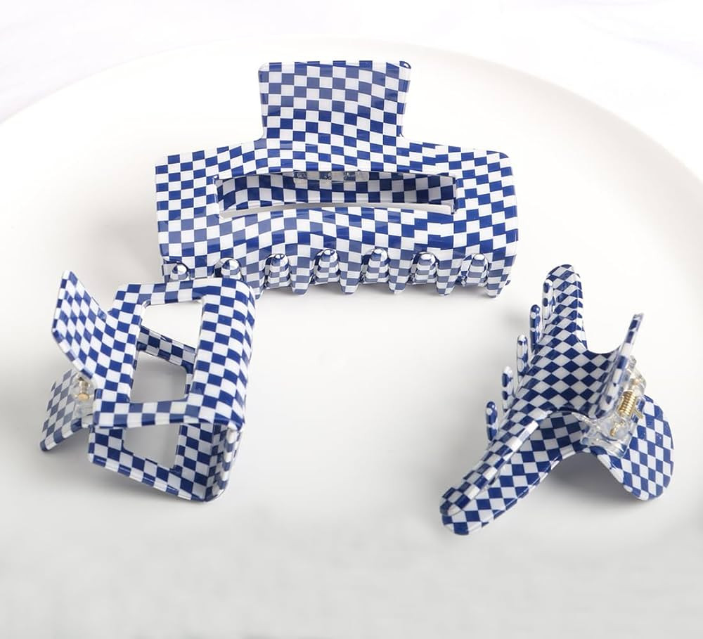 Checkered Hair Claw Clips,Pack of 3,Vintage Blue/White Checkered Claw Clips Cellulose Acetate Ban... | Amazon (US)