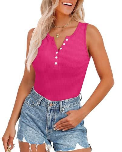 Fashion Tank Tops for Women Hot Pink Fitted Sexy V Neck Sleeveless Summer Tops XS | Amazon (US)