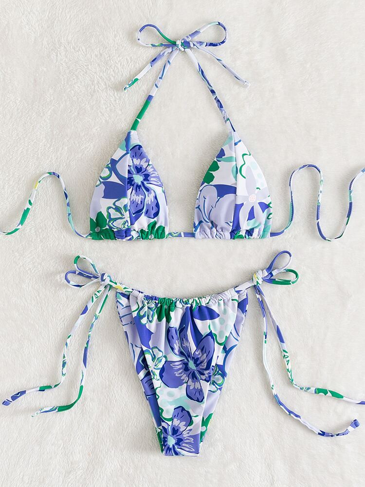 Floral Print Halter Triangle Tie Side Bikini Swimsuit | SHEIN