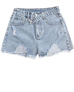 SweatyRocks Women's Casual High Waist Raw Hem Ripped Denim Jean Shorts with Pocket | Amazon (US)