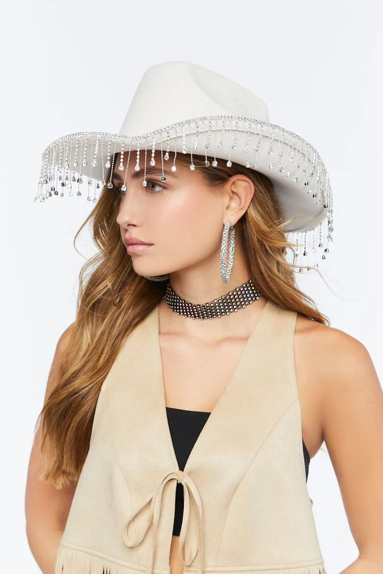 Rhinestone-Fringe Cowboy Hat in White | Forever 21 (US)