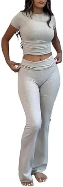 COPYLEAF Two Piece Lounge Sets for Women Fold Over Flare Pants Short Sleeve Crop Top Y2k Outfits ... | Amazon (US)