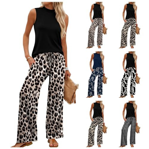 Rianclud 2 Piece Set for Women Spring Summer Casual Mock Neck Tank Top Wide Leg Pants Lounge Sets Airport Travel Outfits | Amazon (US)