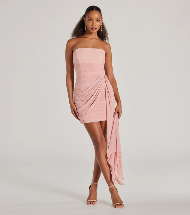 Kaiya Strapless Bodycon Ruched Mesh Mini Dress | Windsor Stores