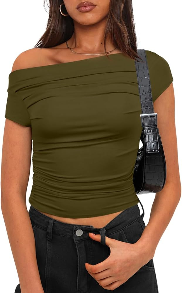 Darong Women's Summer Cap Sleeve Boat Neck Off Shoulder Top Going Out Slim Fit Tops Y2K Tight Shi... | Amazon (US)