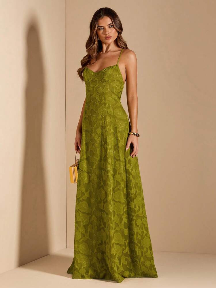 SHEIN BAE Solid Green Woven Jacquard Halter Backless A-Line Dress, Suitable For Vacation, Date, Music Festival, Birthday, Brunch, Bridesmaid, Wedding Guest, Green Dress,Wedding Guest Dress | SHEIN