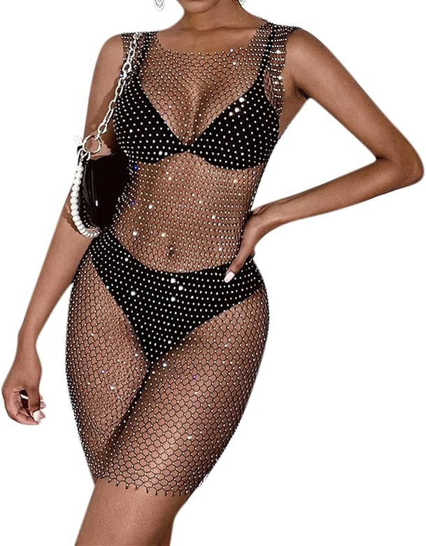 Women Sparkly Rhinestones Mesh See Through Bodycon Midi Dress Sexy Hollow Out Beach Bikini Cover ... | Amazon (US)