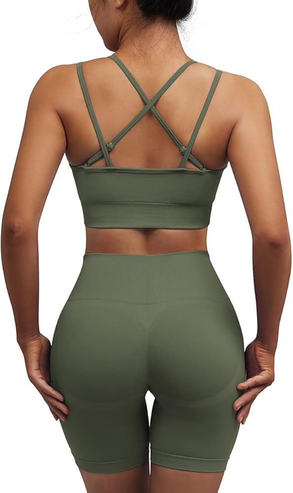 OMKAGI Workout Sets for Women Seamless Strappy Sports Bra Butt Lifting Workout Shorts Leggings 2 ... | Amazon (US)