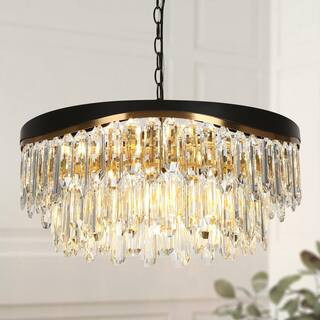 Zephyrine 9-Light Matte Black and Plating Brass Crystal Round Chandelier with No Bulb Included | The Home Depot