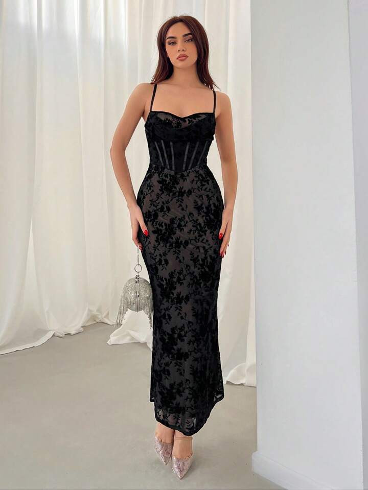 SHEIN Privé Women's Floral Velvet Mesh Spaghetti Strap Dress | SHEIN