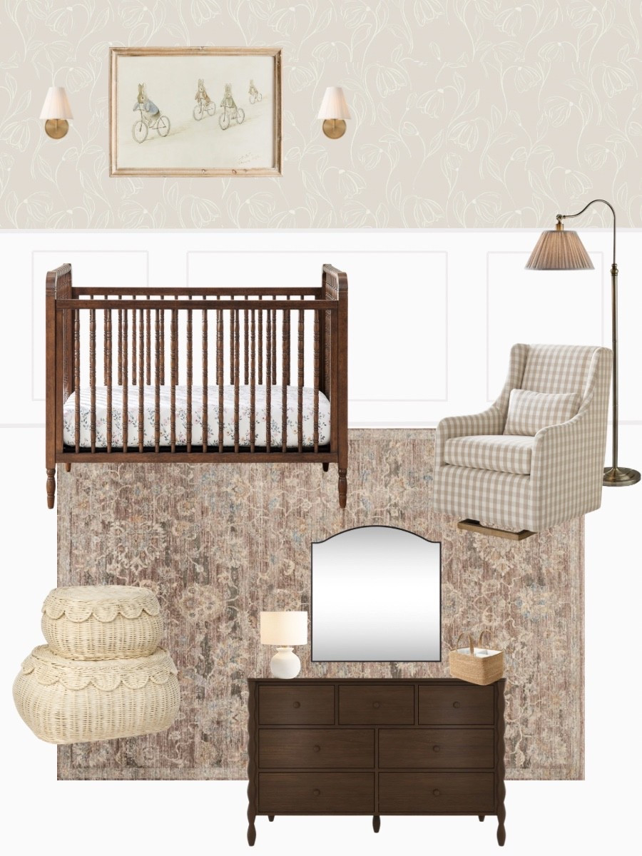A neutral vintage nursery design that feels timeless, cozy, and intentional 🤎 Whether you are styling a gender neutral nursery, a vintage boy nursery, or a classic girl nursery, this combination of dark woods and warm creams creates the perfect cozy space.
I paired a rich dark walnut dresser and matching crib against a warm cream wainscoting and the prettiest beige neutral floral wallpaper. To bring in that "cool girl" vintage charm, I added a brown vintage style rug, a beige gingham rocker glider, and pleated shade wall sconces over the crib. The vintage art print of bunnies riding bikes adds the sweetest touch of whimsy. For the dresser styling, I went with a classic mirror, a rattan diaper caddy, and a cozy table lamp, finished with scalloped storage baskets for toy storage.
Everything is linked below to recreate this look! ✨
#neutralnursery #vintagenursery #genderneutralnursery #boynursery #girlnursery #nurseryinspo #babydecor #canvadesign #nurserydecor

#LTKBaby #LTKHome #LTKmomlife
