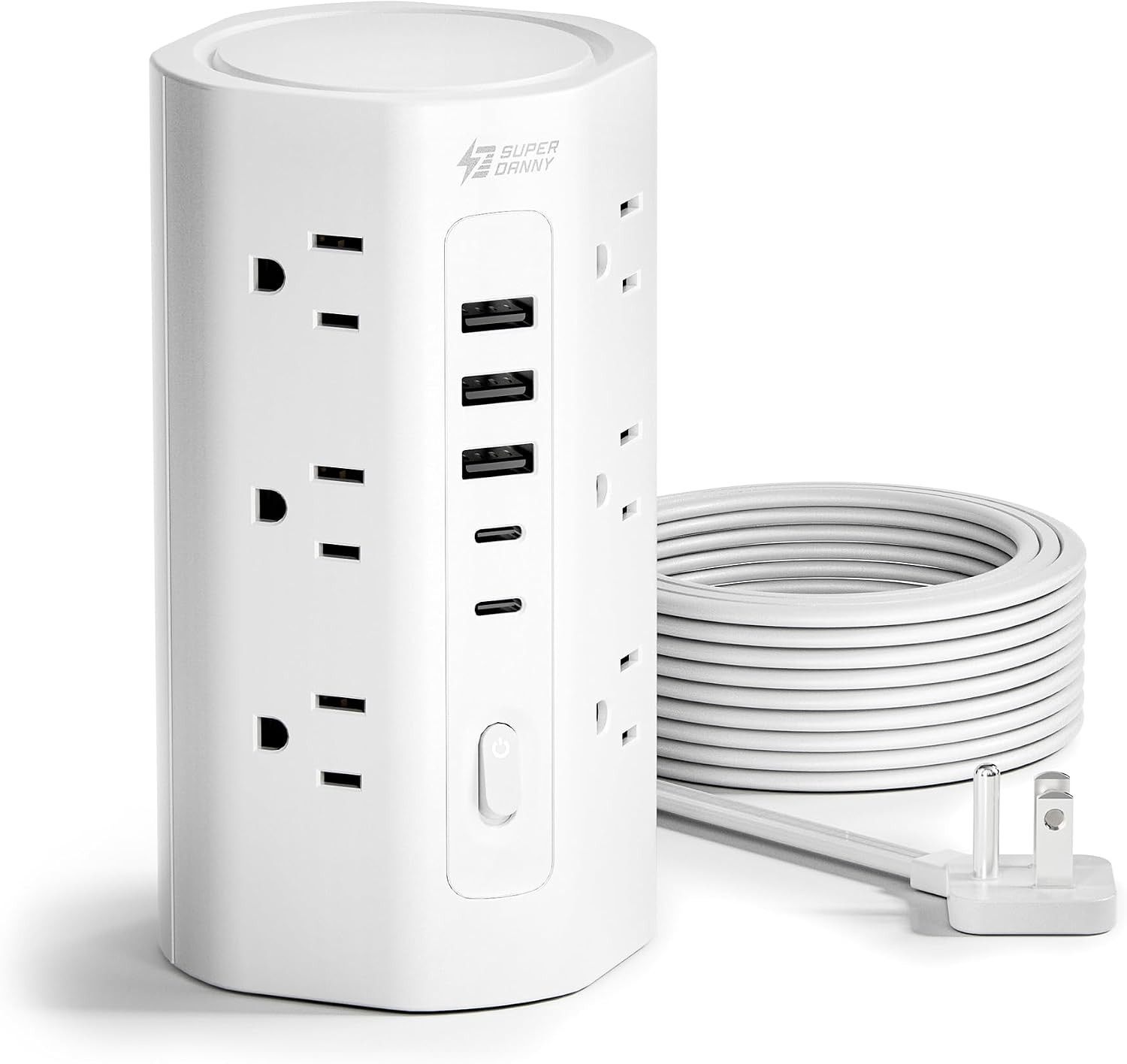 10Ft Tower Power Strip, Long Extension Cord, Flat Plug, 1700J, 12 AC 5 USB | Amazon (US)