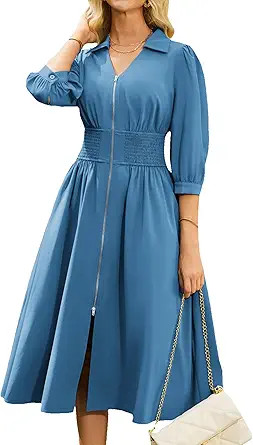 GRACE KARIN Womens Fall Casual Dress 2025 Collared V Neck 3/4 Sleeve Zipper Front Midi Work Dress... | Amazon (US)