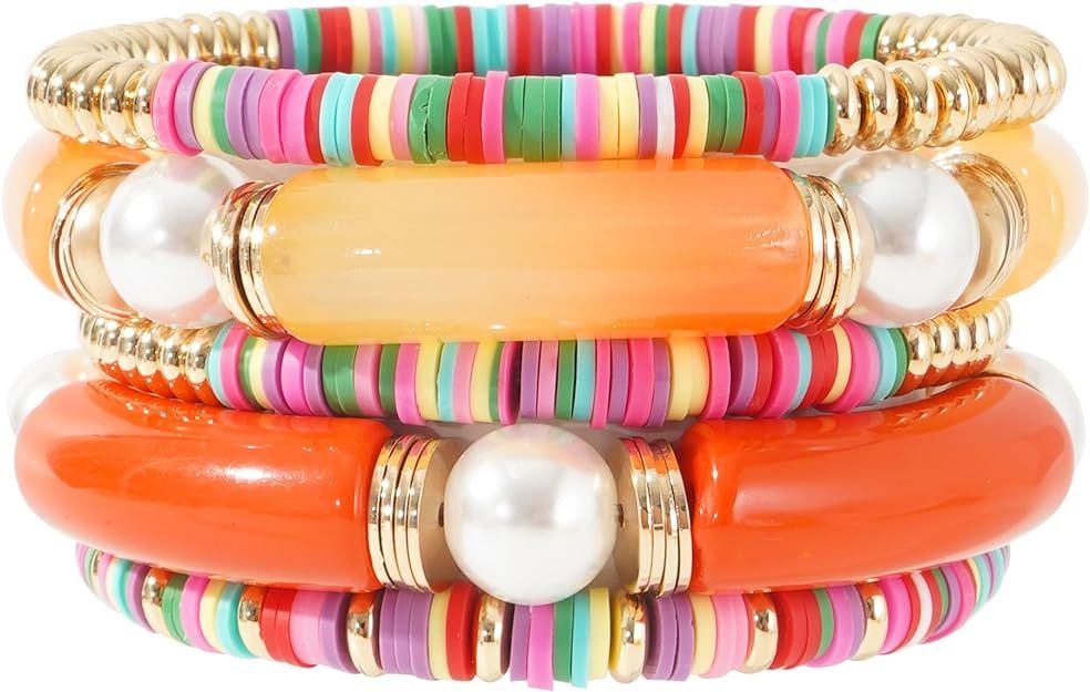 GOOJIDS Simple Beaded Bangles Bracelet Chunky Bamboo Tube Curved Stacking Clear Acrylic Colorful ... | Amazon (US)
