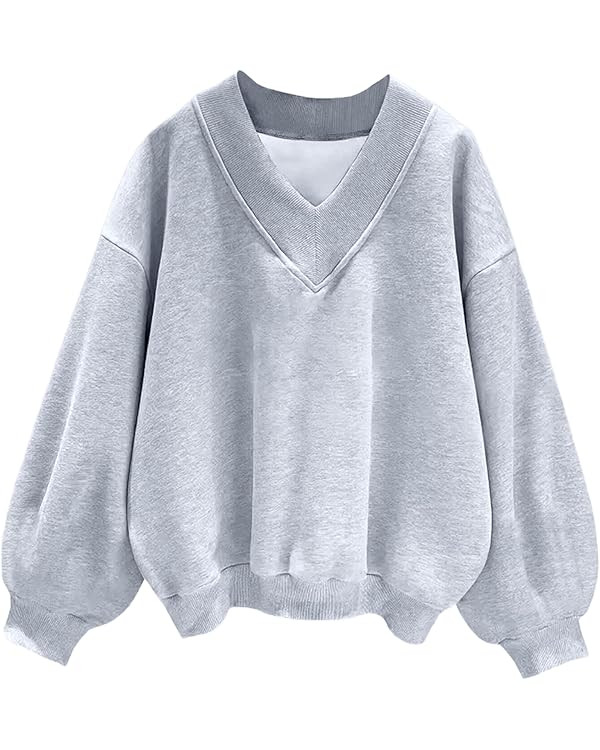 Hilinker Womens V Neck Oversized Sweatshirts Casual Drop Shoulder Long Sleeve Pullover Tops | Amazon (US)