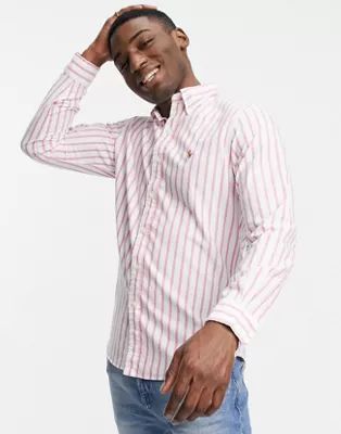 Polo Ralph Lauren oxford player logo wide stripe shirt button down custom regular fit in pink/whi... | ASOS (Global)