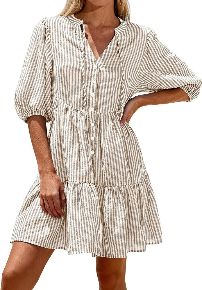 BTFBM Womens Summer Dresses 2026 Striped Mini Dress Half Sleeve Button Down Casual Flowy Beach Va... | Amazon (US)