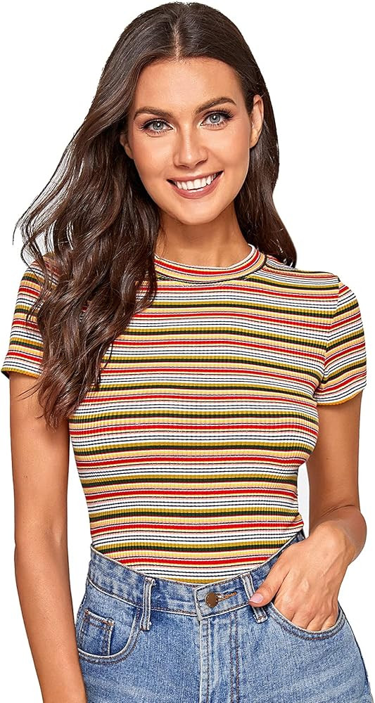 Milumia Women's Casual Multi Striped Ribbed Short Sleeve Solid Tee Knit Top | Amazon (US)