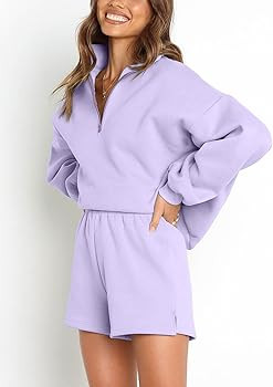 Women's 2023 Fall Oversized 2 Piece Lounge Sets Long Sleeve Zipper Shorts Sweatsuit Outfits with ... | Amazon (US)