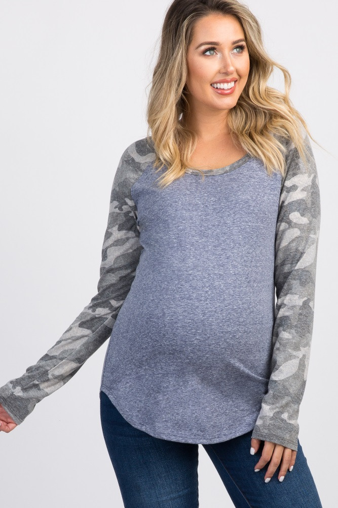 Navy Camo Print Colorblock Long Sleeve Maternity Top | PinkBlush Maternity