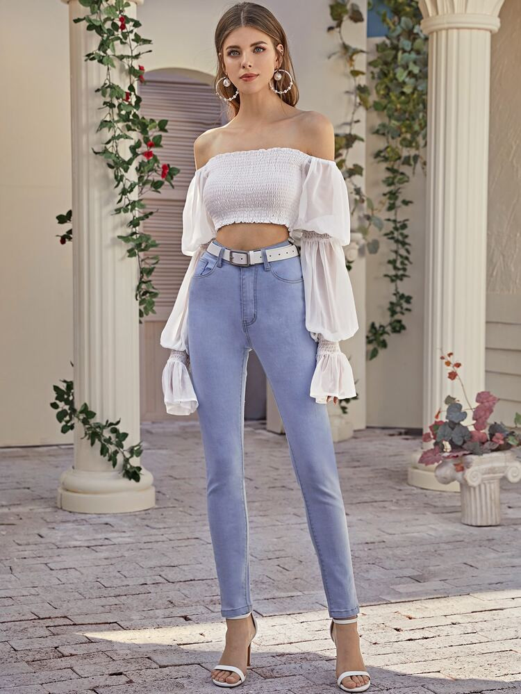 Off Shoulder Shirred Detail Gather Sleeve Crop Top | SHEIN